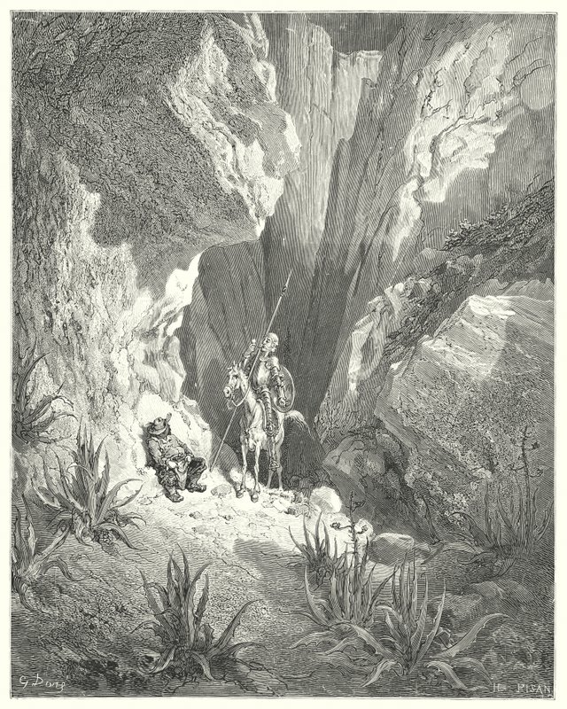 Gustave Dores Don Quixote: "Det første han fant var det grove utkastet til en sonett; så han leste det høyt" (gravering) av Gustave Dore