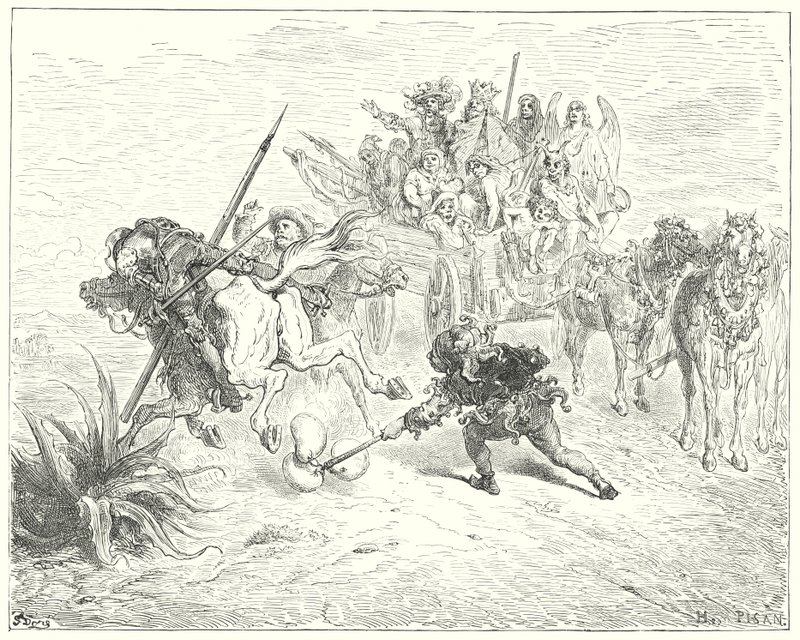 Gustave Dores Don Quijote: "Folken i stykket kom opp og sprang opp med morrisklokkene sine" (gravering) av Gustave Dore