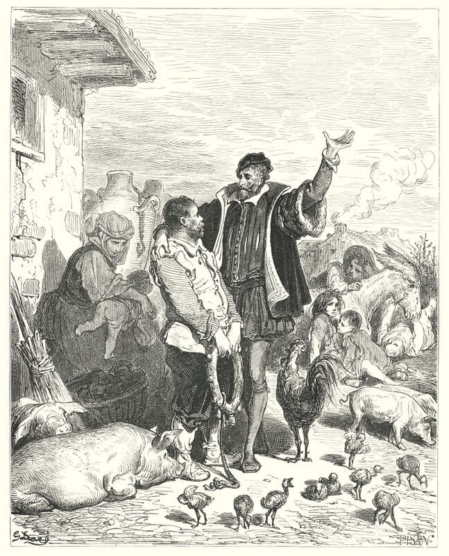Gustave Dores Don Quijote: "Ridderen ga ham så mange rettferdige løfter at den stakkars tåpelige klovnen til slutt gikk med på å gå sammen med ham og bli hans godsmann" (gravering) av Gustave Dore