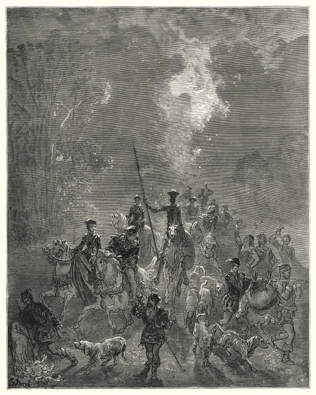 Gustave Dores Don Quijote: "Morgenen begynte å spre hennes smilende blikk i det østlige kvarteret av himmelen" (gravering) av Gustave Dore