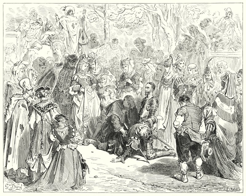 Gustave Dores Don Quijote: "Den stakkars jomfruen, skjelvende og forferdet uten å si et ord, kom til stakkars Basil" (gravering) av Gustave Dore