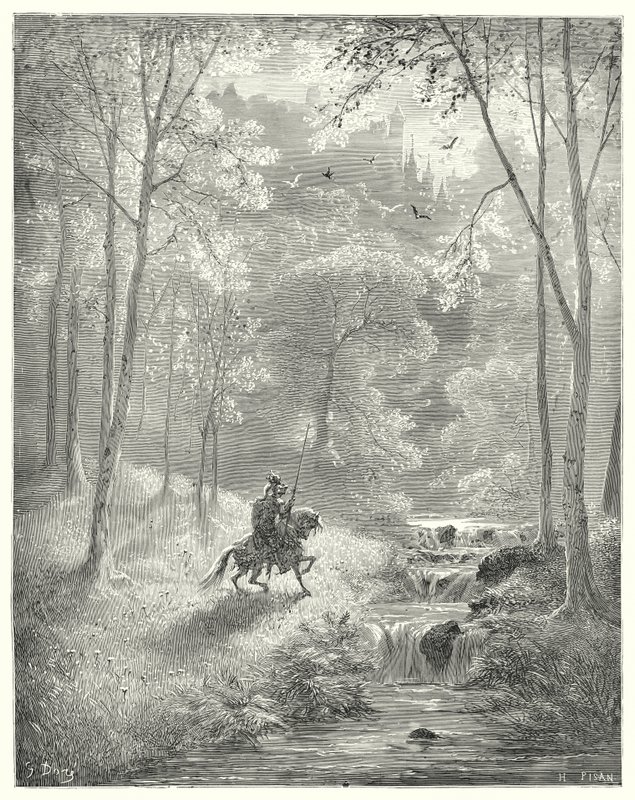 Gustave Dores Don Quijote: "Himmelen virker for ham mer gjennomsiktig, og solen ser ut til å skinne med fordoblet lysstyrke" (gravering) av Gustave Dore