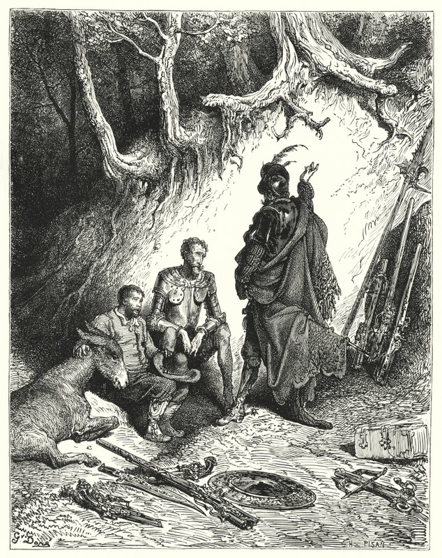 Gustave Dores Don Quijote: "Etrerene forlot Don Quixote, Roque og Sancho for å vente på deres retur" (gravering) av Gustave Dore