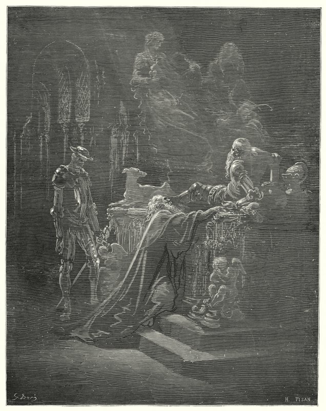Gustave Dores Don Quixote: "Den ærverdige Montesinos falt på kne foran den plaget ridder" (gravering) av Gustave Dore
