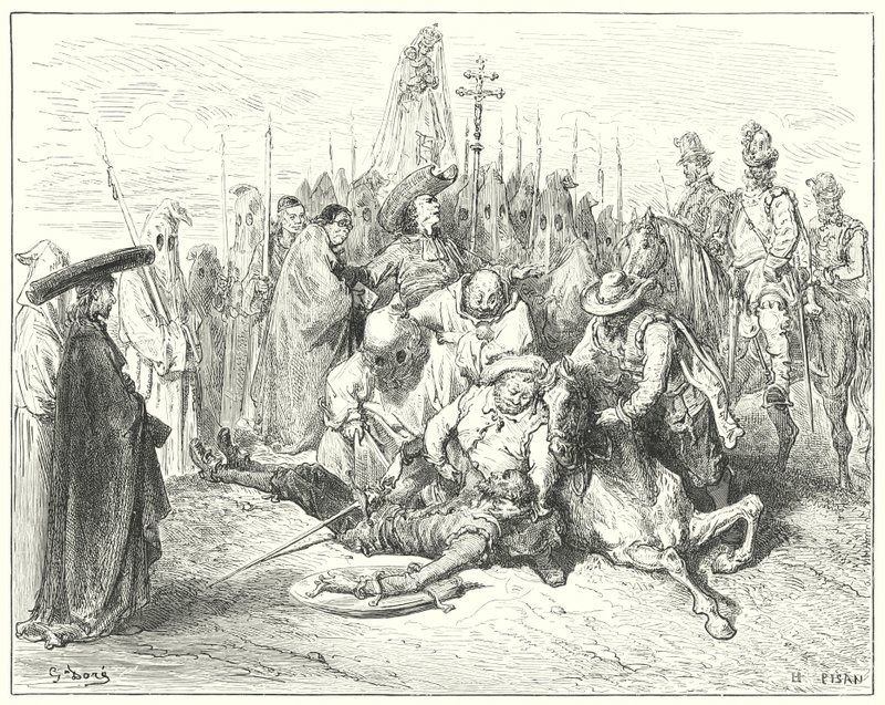Gustave Dores Don Quijote: "De uhyggelige aksentene til godsmannens stemme ble endelig kalt Don Quijote for seg selv" (gravering) av Gustave Dore
