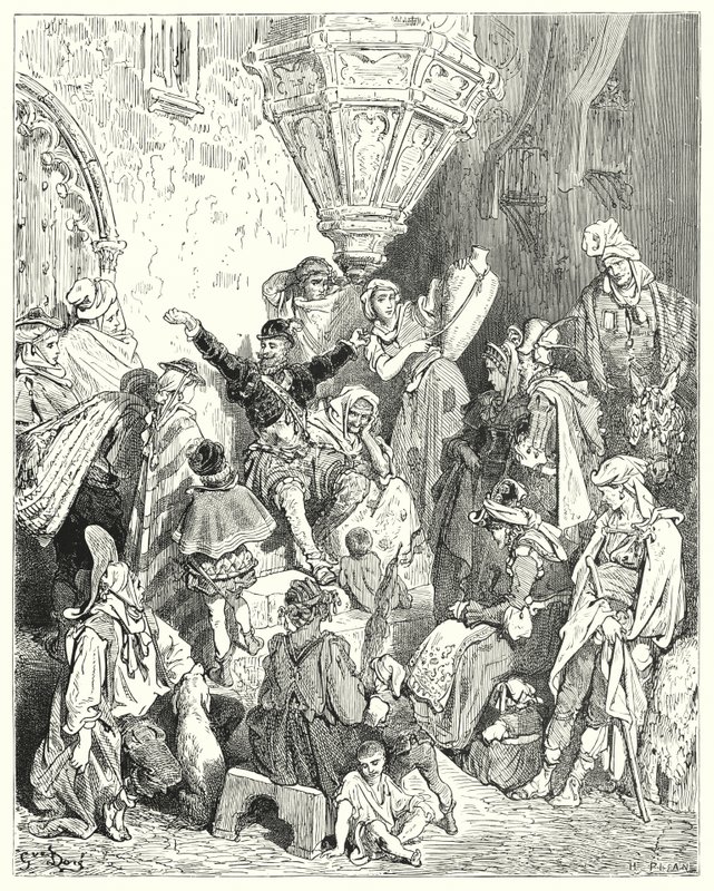 Gustave Dores Don Quijote: "Det var ikke det landet på jorden som han ikke hadde sett, og heller ikke kamp som han ikke hadde vært engasjert i" (gravering) av Gustave Dore