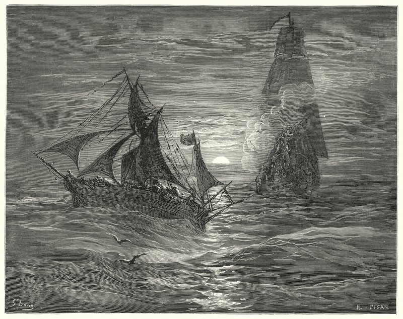 Gustave Dores Don Quijote: "De var under vinden, avfyrte to våpen mot oss" (gravering) av Gustave Dore