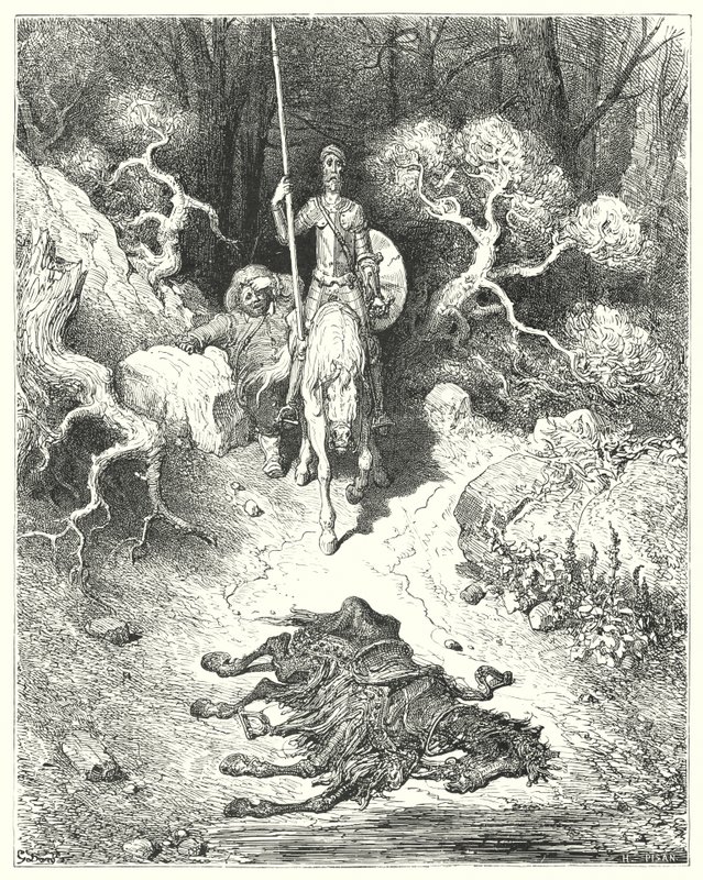 Gustave Dores Don Quijote: "De kom til en park, hvor de fant et muldyr som lå død" (gravering) av Gustave Dore