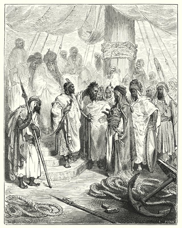 Gustave Dores Don Quijote: "De kuttet hodet av ham og brakte det til den tyrkiske generalen" (gravering) av Gustave Dore