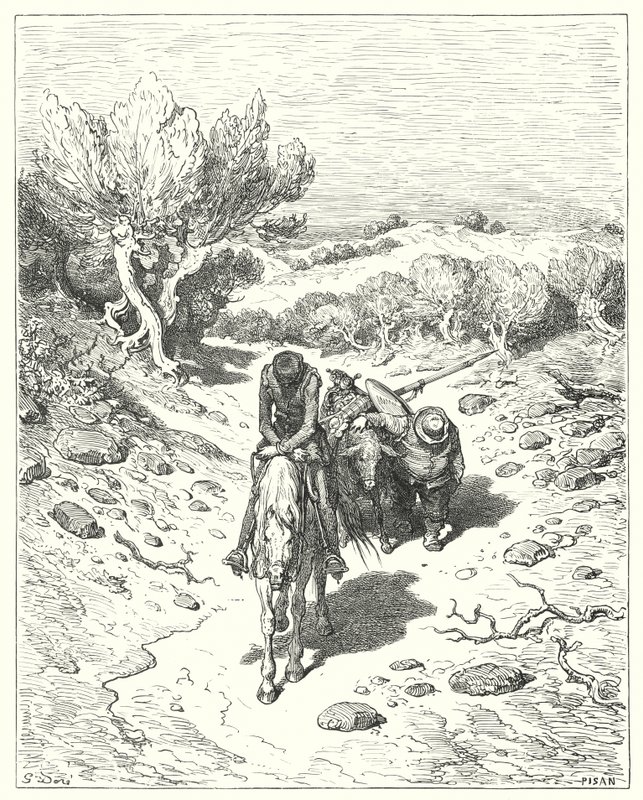 Gustave Dores Don Quijote: "De passerte den dagen, og fire til etter det, i en slik form for diskurs" (gravering) av Gustave Dore