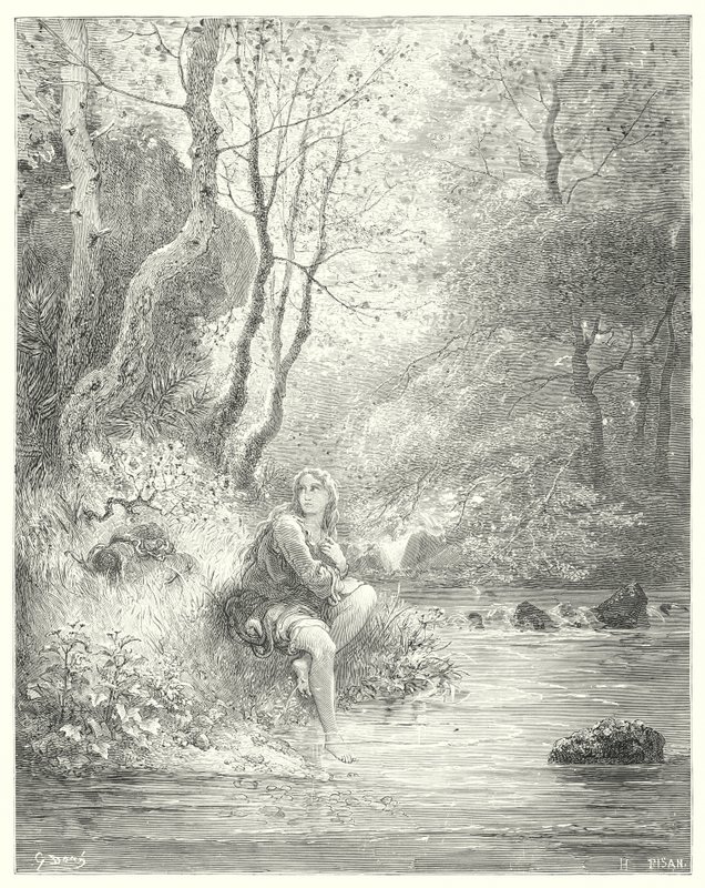 Gustave Dores Don Quijote: "De spionerte en ungdom i en landlig vane, sittende ved foten av en stein bak et asketre" (gravering) av Gustave Dore