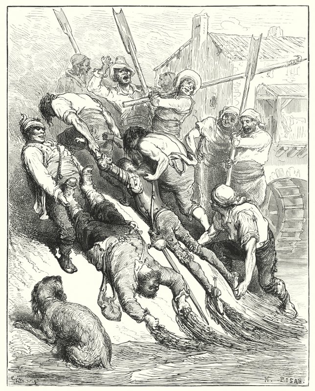 Gustave Dores Don Quijote: "De ble begge dratt i land, mer overvåte enn tørste" (gravering) av Gustave Dore