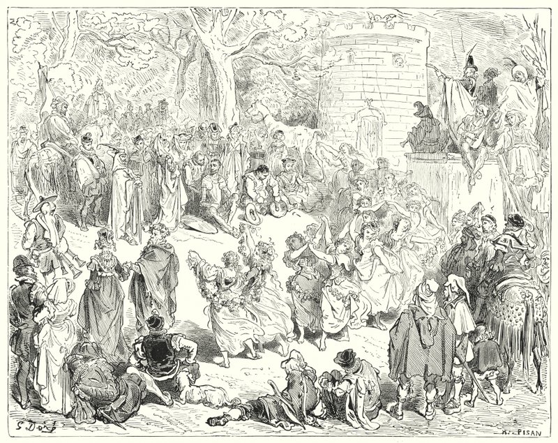 Gustave Dores Don Quixote: "De ble ført opp av en ærverdig gammel mann og en matronly kvinne" (gravering) av Gustave Dore