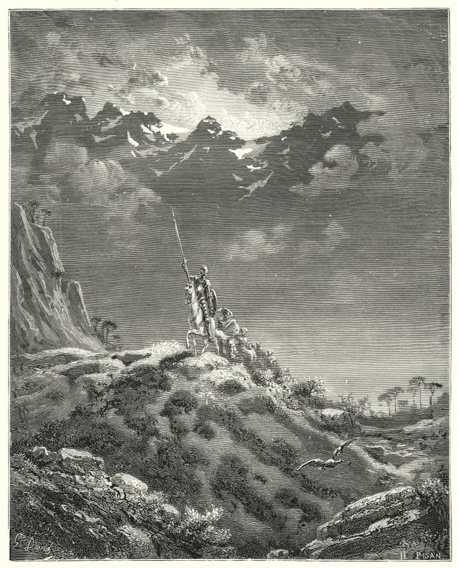 Gustave Dores Don Quijote: "Mot kongeriket Micomicon" (gravering) av Gustave Dore