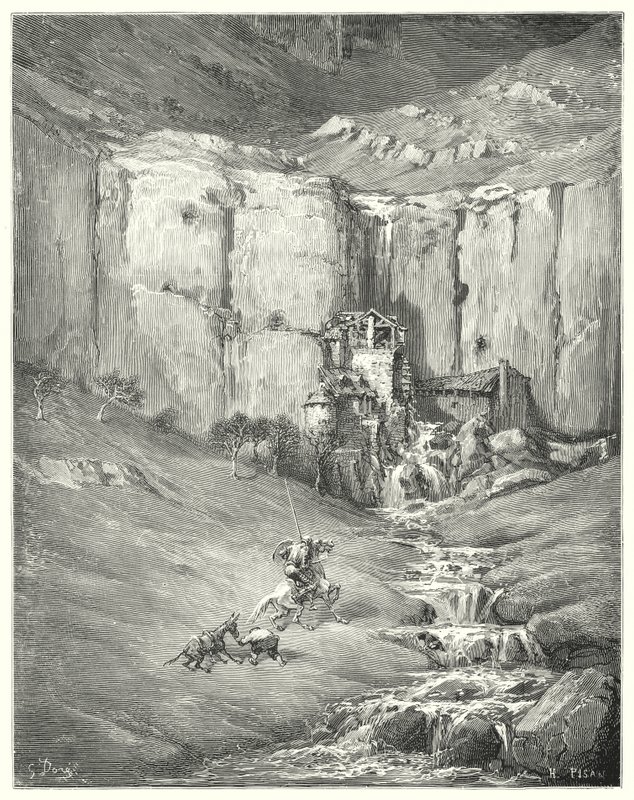 Gustave Dores Don Quijote: "Da de kom nærmere, begynte til og med tålmodige Rozinante selv ved den fryktelige lyden" (gravering) av Gustave Dore