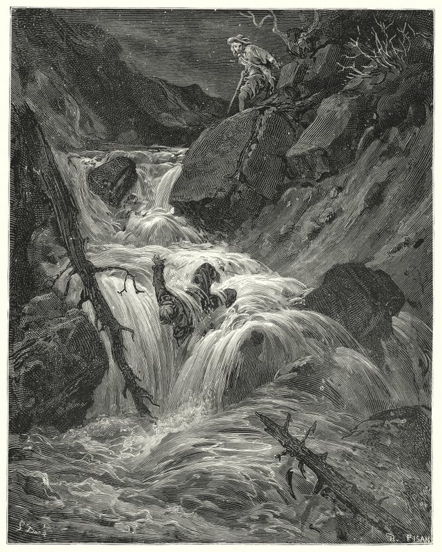 Gustave Dores Don Quijote: "Med den lille styrken jeg hadde presset jeg ham ned et stup, der jeg forlot ham" (gravering) av Gustave Dore