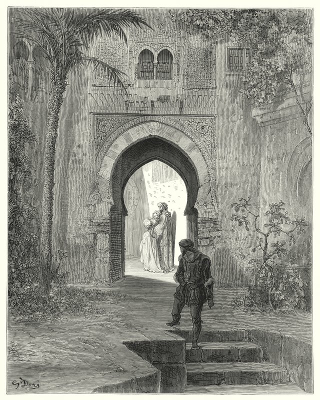Gustave Dores Don Quijote: "Zoraida, som viste problemer i utseendet hennes, dro bort med faren" (gravering) av Gustave Dore
