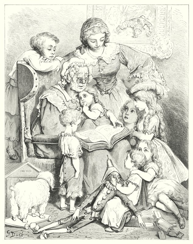 Lese familiefortellinger (gravering) av Gustave Dore