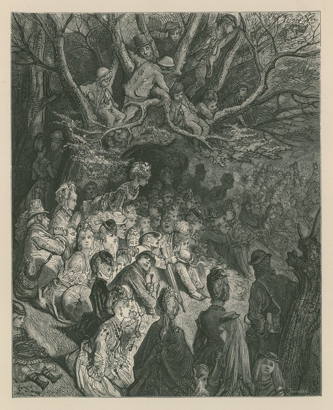 Tilskuere som ser på et båtkappløp fra en elvebredd av Gustave Dore