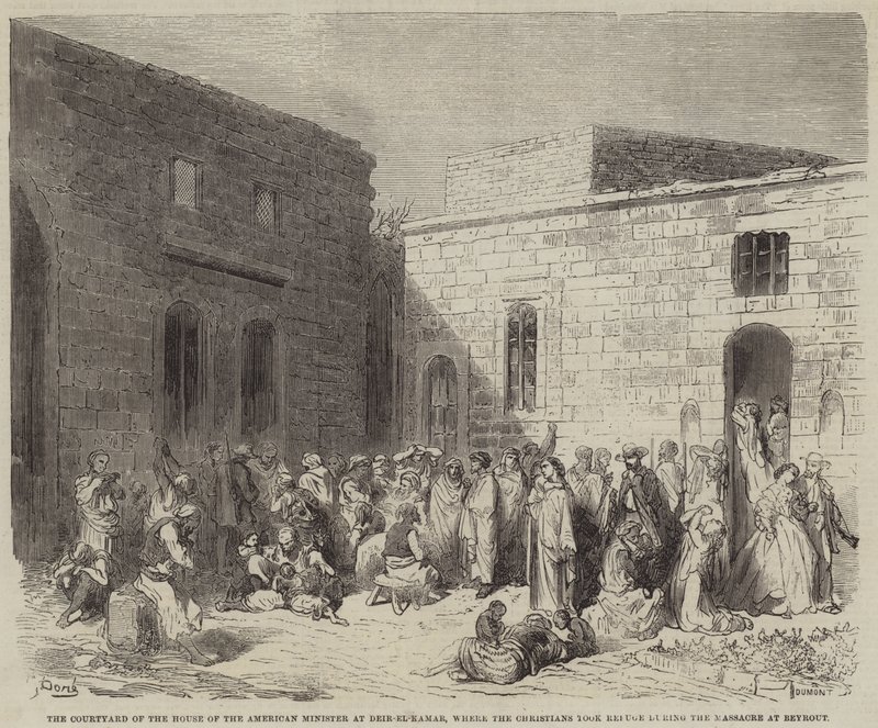 Gårdsplassen til den amerikanske ministerens hus i Deir-el-Qamar, hvor de kristne tok ? av Gustave Dore