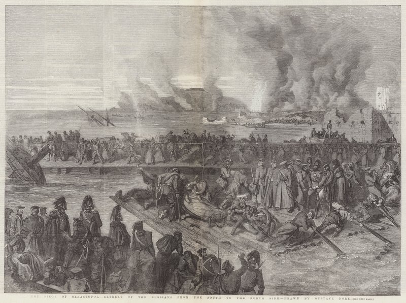 Beleiringen av Sebastopol, russernes retrett fra sør til nordside av Gustave Dore