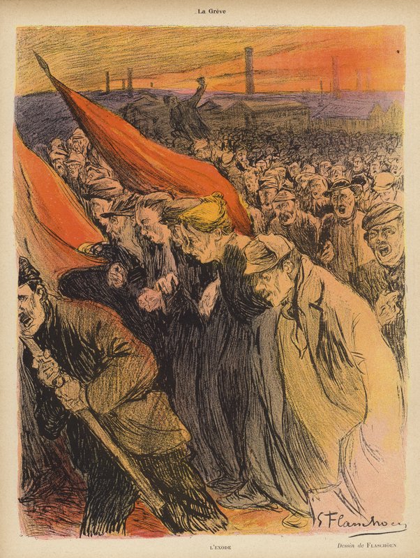 Industriell streik: The Exodus, ca. 1902 (farge litho) av Gustave Flasschoen