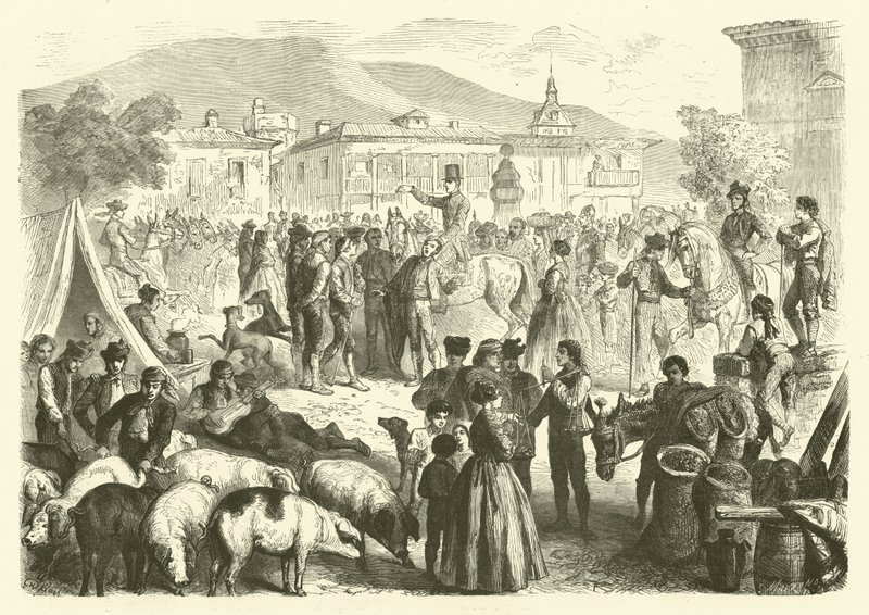 Årlig messe for byen Alcala, Spania (gravering) av Gustave Janet