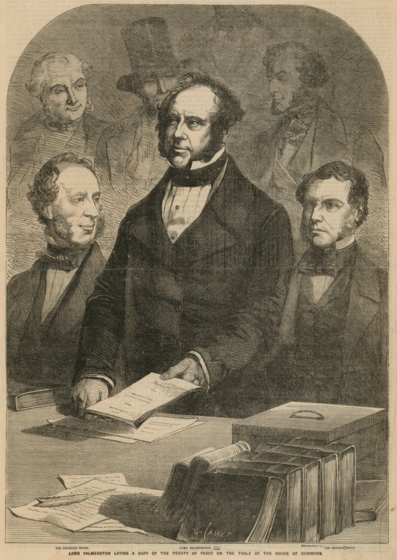 Lord Palmerston legger en kopi av fredstraktaten på bordet til Underhuset av Gustave Janet