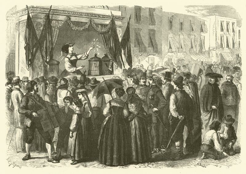 Bruk av fugler til å forutsi de vinnende lottotallene, Napoli (gravering) av Gustave Janet
