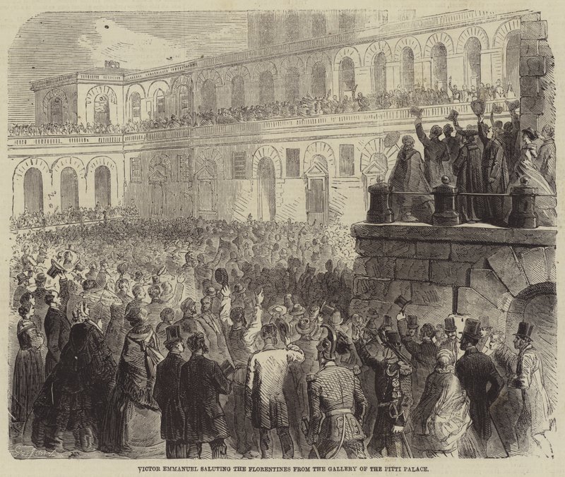 Victor Emmanuel hilser florentinerne fra Galleriet til Pitti-palasset av Gustave Janet