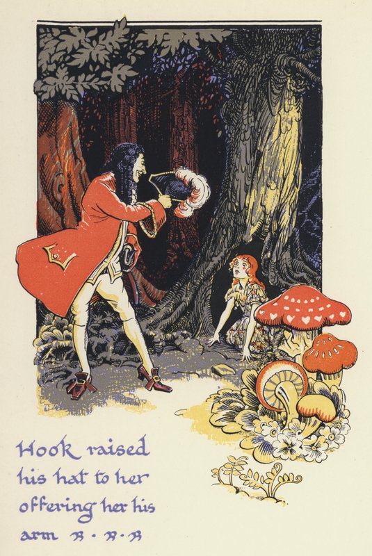 Peter Pan og Wendy: Hook løftet hatten mot henne og ga henne armen sin (farge litho) av Gwynedd M. Hudson