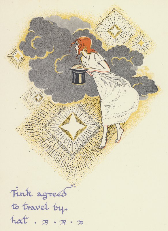Peter Pan og Wendy: Tink gikk med på å reise med hatt (farge litho) av Gwynedd M. Hudson