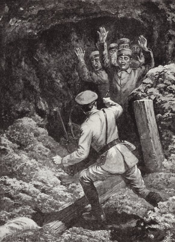 Løytnant Morland fanger atten tyskere i en gruve i Givenchy, Frankrike, mai 1915 av H. Ripperger