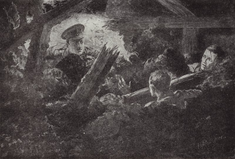 Sekundløytnant Cecil Calvert avdekker og redder to menn fra et gruvegalleri som hadde falt inn, 6. september 1915 av H. Ripperger