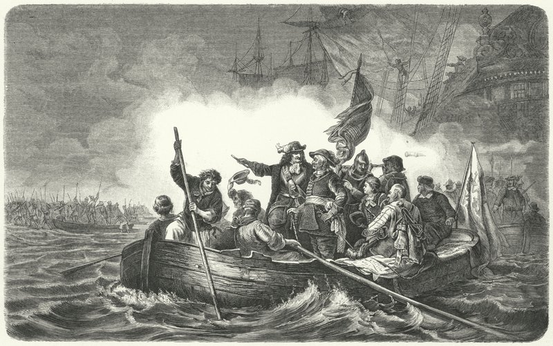 Hæren til Frederick William, kurfyrsten av Brandenburg, lander på den svenske øya Ruegen av H. (after) Kretzschmer