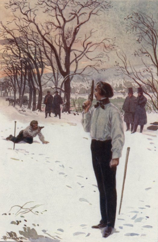 Henri, som sto stille og dekket ansiktet med pistolen sin, ventet (farge litho) av H. Delaspre