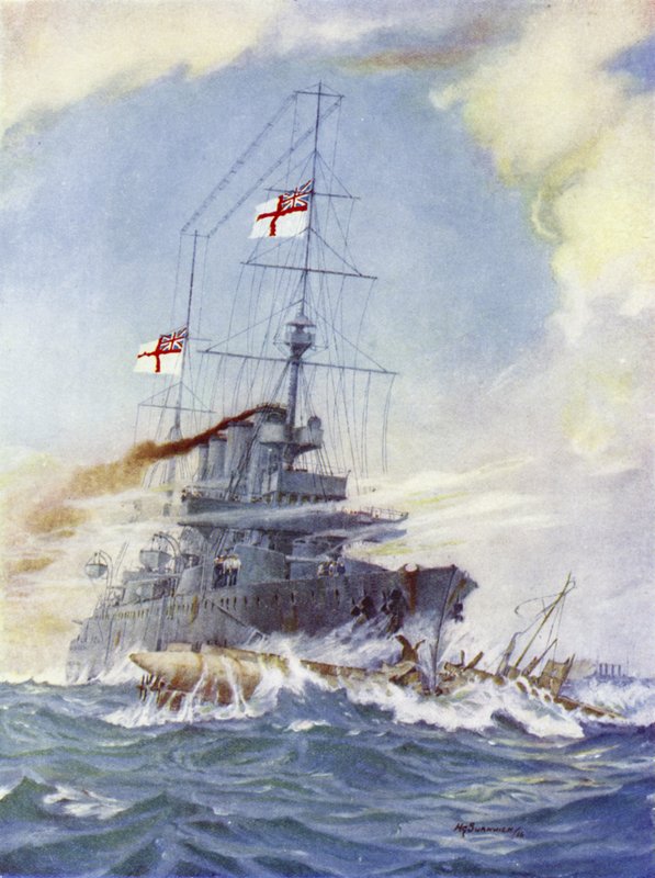 HMS Birmingham rammet den tyske ubåten U-15, 9. august 1914 av H. G. Swanwick