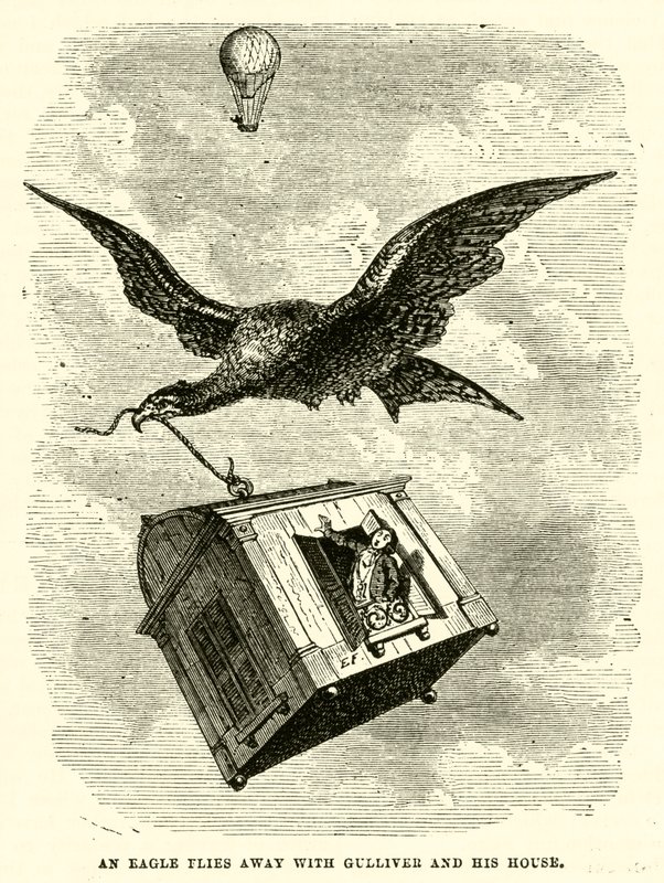 En ørn flyr bort med Gulliver og huset hans (gravering) av after Hablot Knight Browne