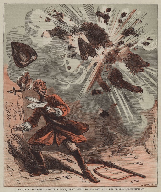 Baron Munchausen skyter en bjørn, veldig til sin egen og bjørnens forbauselse (farge litho) av after Hablot Knight Browne