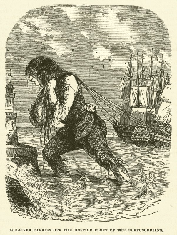 Gulliver frakter den fiendtlige flåten til Blefuscudians (gravering) av after Hablot Knight Browne