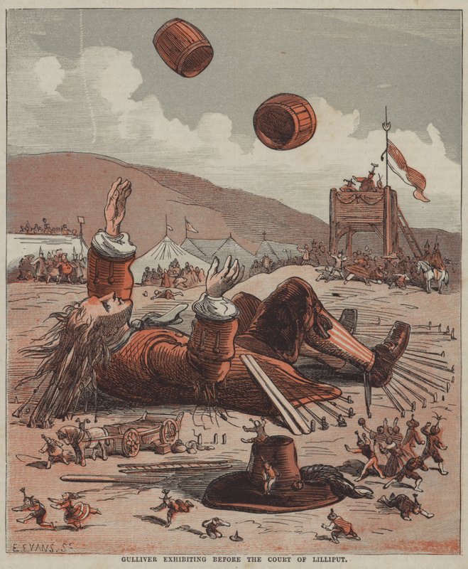 Gulliver stiller ut for retten i Lilliput (farge litho) av after Hablot Knight Browne