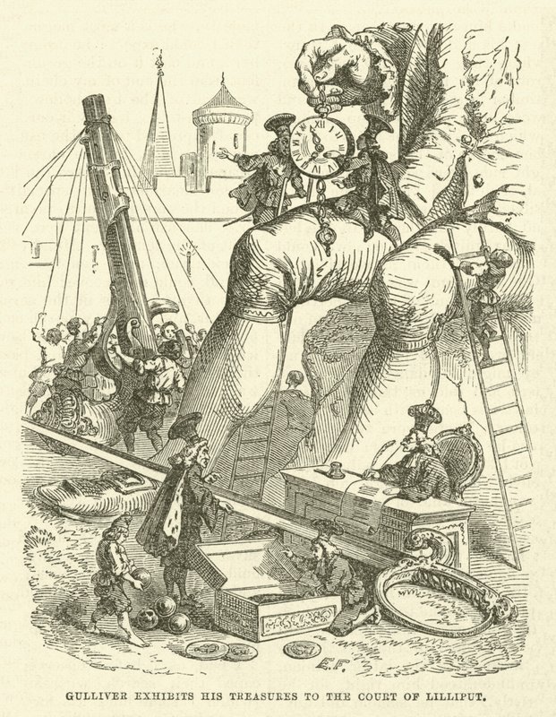 Gulliver stiller ut skattene sine til hoffet i Lilliput (gravering) av after Hablot Knight Browne