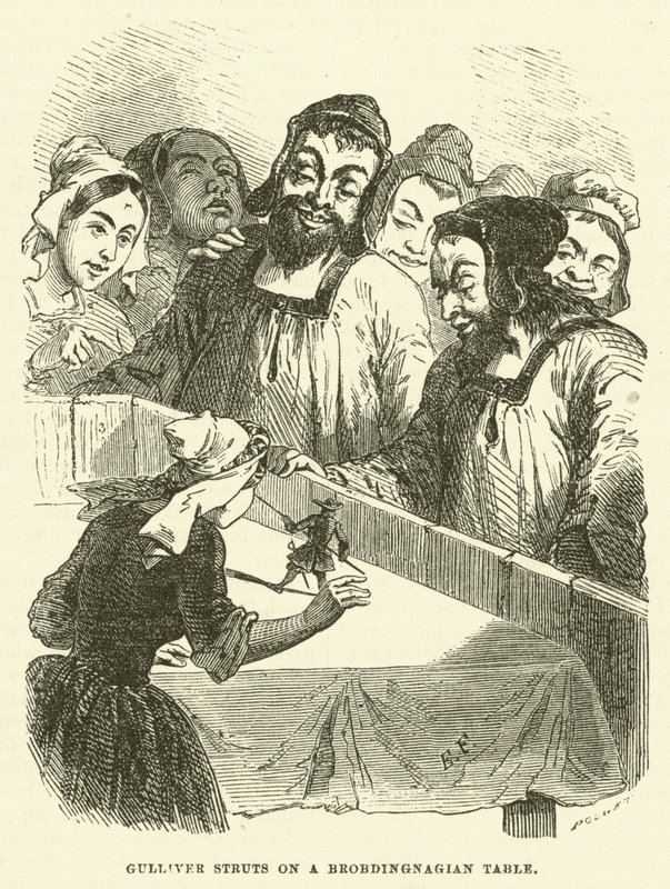 Gulliver stivere på et Brobdingnagian-bord (gravering) av after Hablot Knight Browne