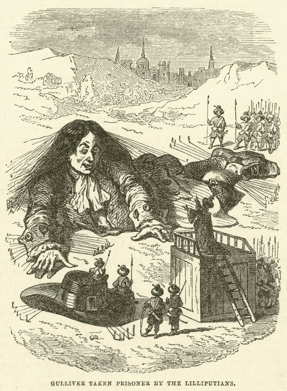 Gulliver tatt til fange av Lilliputians (gravering) av after Hablot Knight Browne