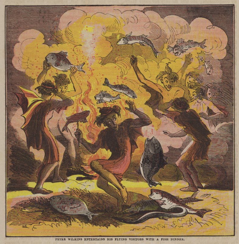 Peter Wilkins underholder sine flygende besøkende med en fiskemiddag (farge litho) av after Hablot Knight Browne