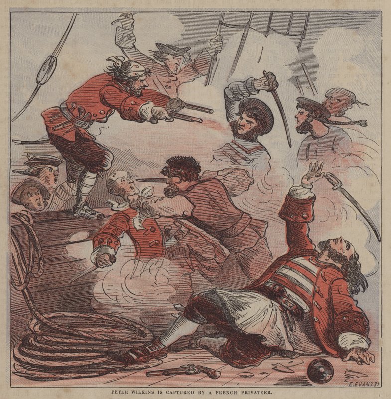 Peter Wilkins blir tatt til fange av en fransk kaper (farge litho) av after Hablot Knight Browne