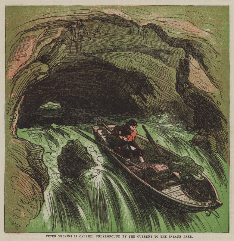 Peter Wilkins blir ført under jorden av strømmen til innsjøen (farge litho) av after Hablot Knight Browne