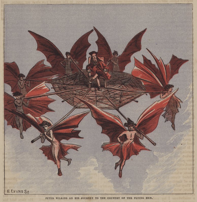 Peter Wilkins på sin reise til landet til de flygende menn (farge litho) av after Hablot Knight Browne