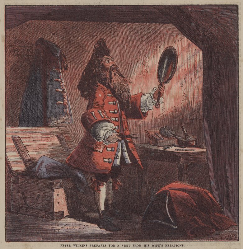 Peter Wilkins forbereder seg på besøk fra sin kones slektninger (farge litho) av after Hablot Knight Browne