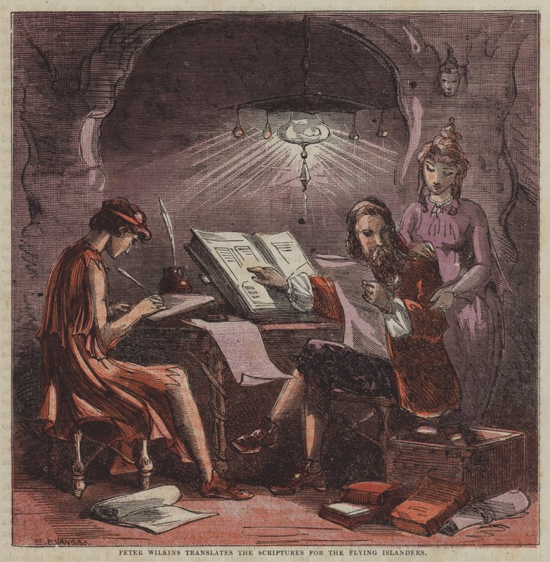 Peter Wilkins oversetter skriftene for Flying Islanders (farge litho) av after Hablot Knight Browne